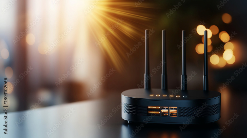 Poster sleek black wireless router with multiple antennas, designed for high speed internet connectivity. b