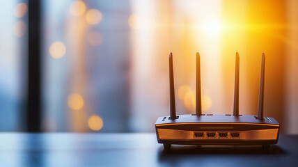 modern wireless router with multiple antennas, placed on table, illuminated by warm sunlight. background features blurred cityscape, creating cozy atmosphere