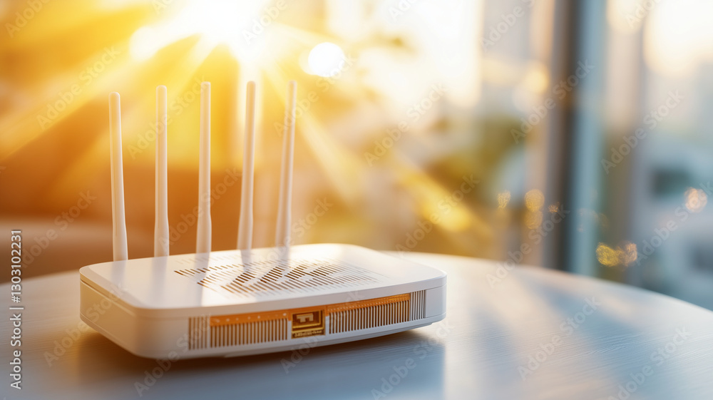 Poster modern smart router with multiple antennas sits on table, illuminated by warm sunlight. sleek design