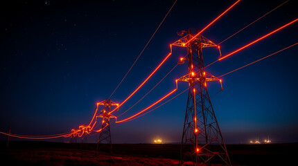Futuristic Power Lines: Illuminated Energy Grid, electricity transmission, energy grid, high voltage, electrical infrastructure,technology in energy.