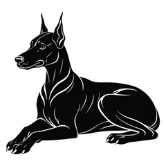 vector illustration of a black dog. Doberman Pinscher Dog Silhouette Vector Art. A clean black silhouette of a Doberman Pinscher Laying Down isolated on a white background.