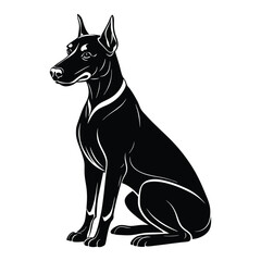 vector illustration of a black dog. Doberman Pinscher Dog Silhouette Vector Art. A clean black silhouette of a Doberman Pinscher Sitting isolated on a white background.