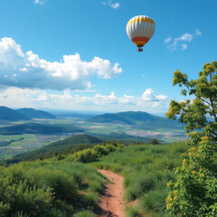 Obraz premium vibrant landscape unfolds with rolling hills and verdant meadows, and hot air balloon drifts peacefully, evoking feelings of serenity and adventure