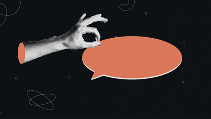 Trendy Halftone Collage with Hand holding one speech bubbles.Contemporary art.Social media.Empty space for text.Creative abstract template on dark background.