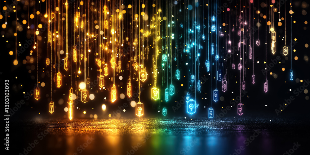 Poster an intricate digital matrix unfolds, showcasing a myriad of falling symbols illuminated by enchantin