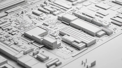 Monochromatic Architectural Model: A 3D Rendering of an Industrial Complex
