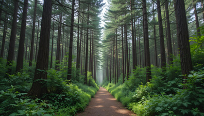 Obraz premium Path Through Majestic Pine Woodland: Towering Evergreens and the Scent of Pine Needles in a Serene Backdrop