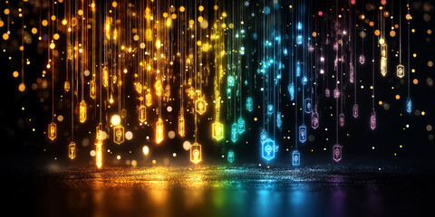 An intricate digital matrix unfolds, showcasing a myriad of falling symbols illuminated by enchanting holographic effects, evoking a sense of wonder in a futuristic realm