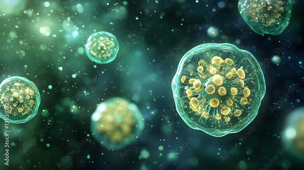 Aufkleber microscopic view showing several illuminated spherical biological cells