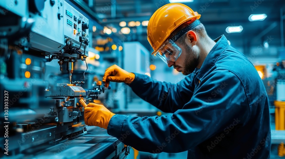 Poster cnc machinist at work, skilled technician programming and operating cutting-edge machinery in a slee