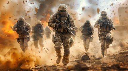 Intense scene of modern military soldiers advancing through a battlefield under heavy fire and explosions