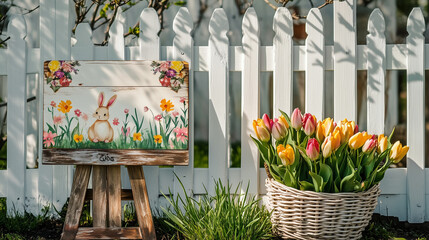 Colorful spring flowers in a basket and on a canvas painting in a garden setting