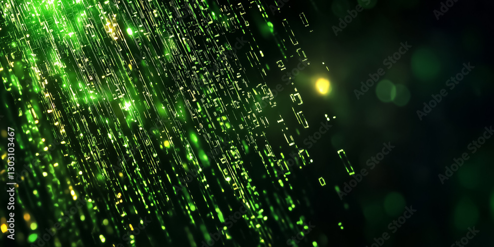 Poster in an immersive digital landscape, cascading symbols drop like rain, creating a hypnotic display of 