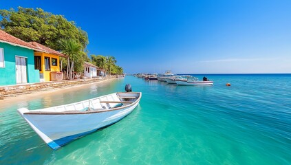 A Colorful houses along serene waterfront with boats anchored in clear turquoise water. perfect tropical scene showcasing vibrant architecture and natural beauty