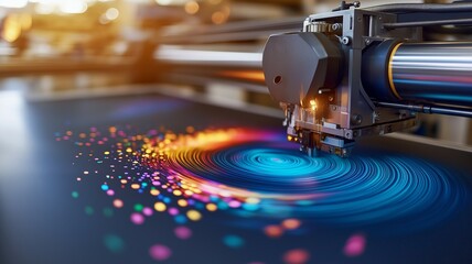 A large format printer creating vibrant, colorful designs with swirling patterns. machine showcases advanced technology, producing high quality prints in dynamic workspace