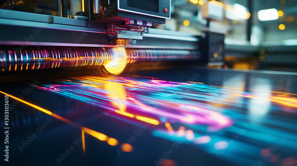 Poster large format printing press in action, showcasing vibrant colors and dynamic patterns. machine emits