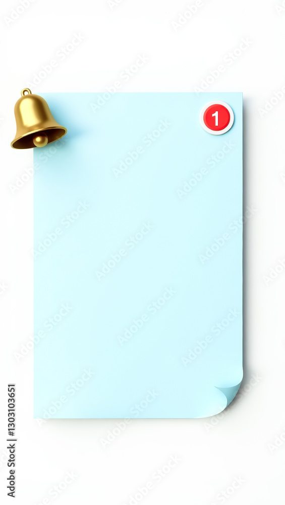 Poster light blue note with a golden bell and a red notification with the number one