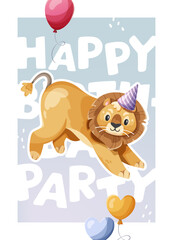 Fototapeta premium Illustration of a birthday-themed greeting card featuring an adorable, happy lion and colorful air balloons on a soft blue gradient background, vector celebration poster