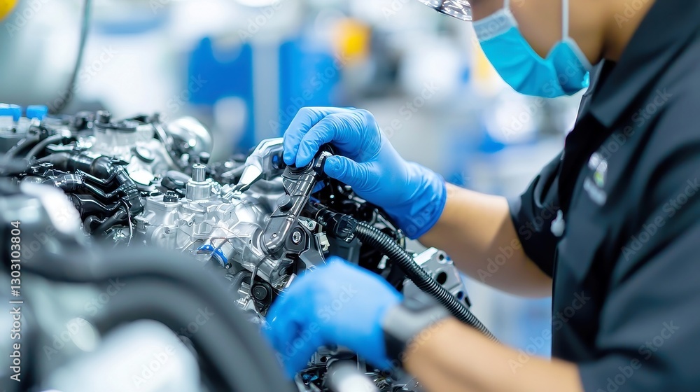 Poster diesel engine technician fuel system calibration, skilled technician optimizing engine performance a