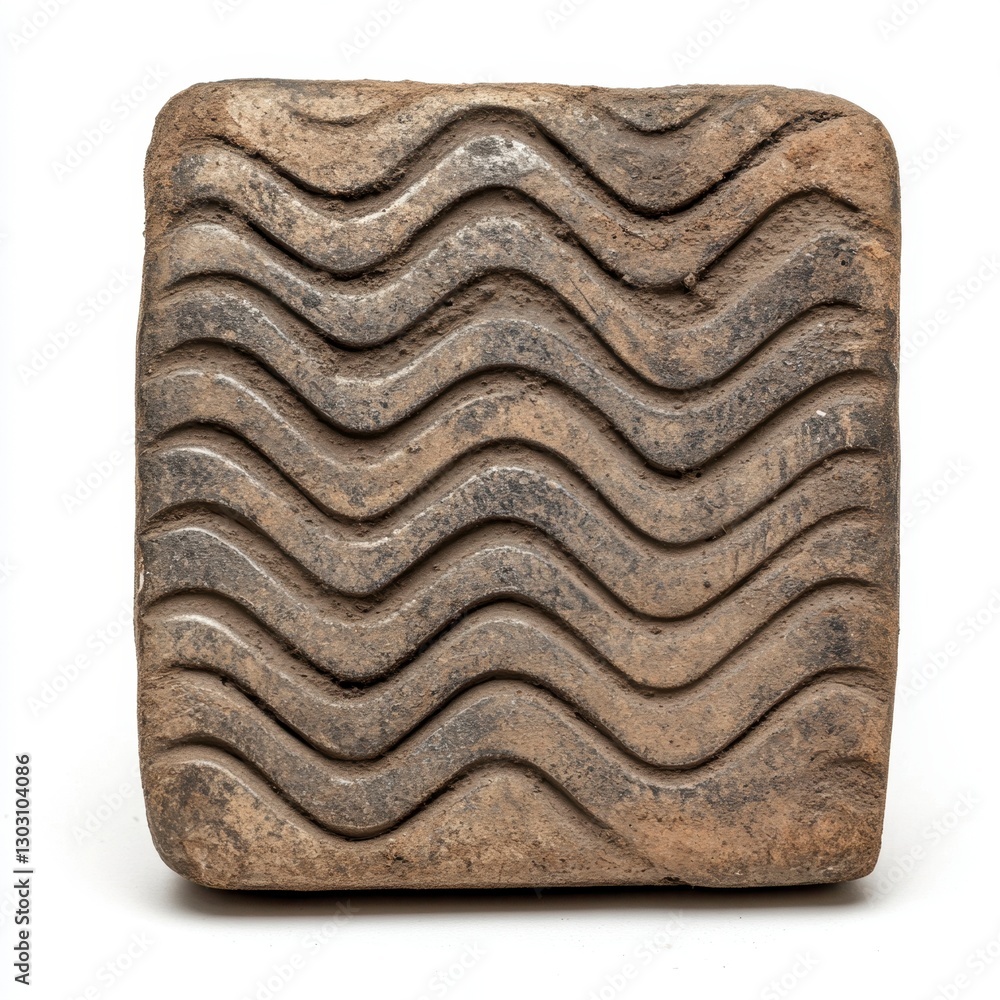Poster close up view of a square, textured object with a wavy pattern. the object is predominantly brown an