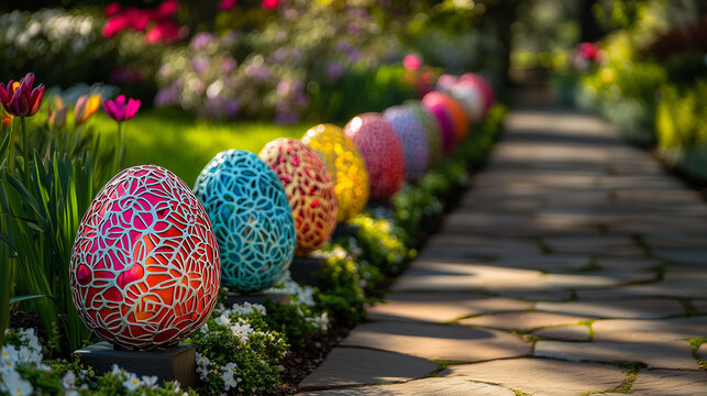 Colorful Easter eggs decorating a garden pathway for spring celebration and outdoor holiday festival