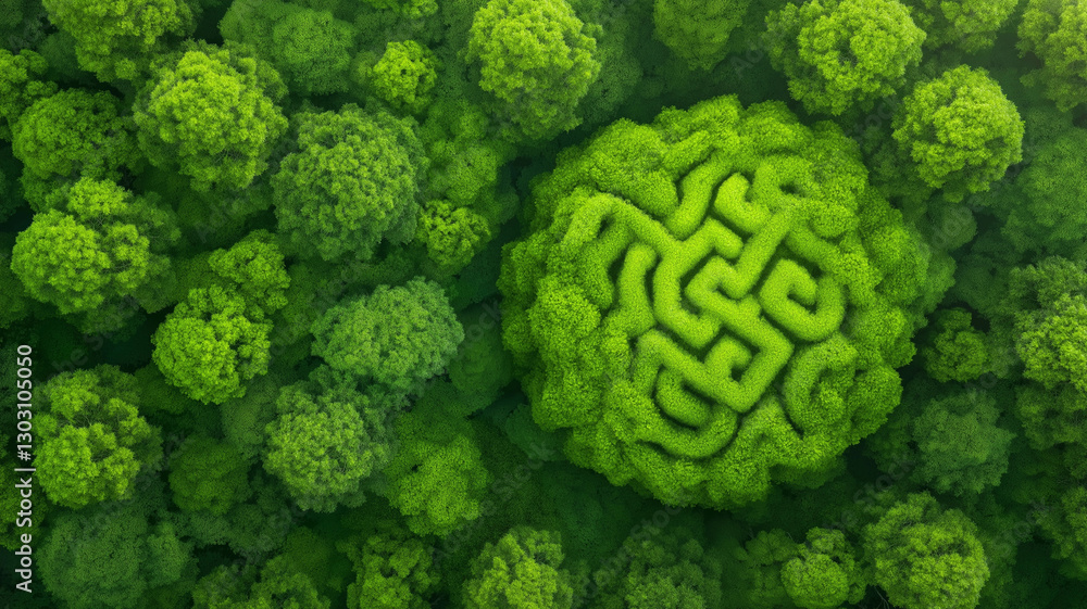 Poster lush green forest with maze in center, aerial view showcasing vibrant foliage and intricate patterns