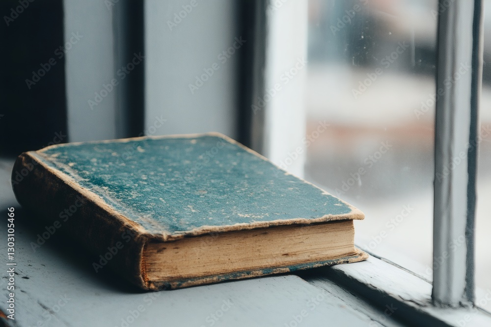 Poster old book resting on a windowsill in soft light. generative ai