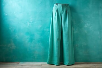 Fototapeta premium linen wide-leg pants, solid turquoise background