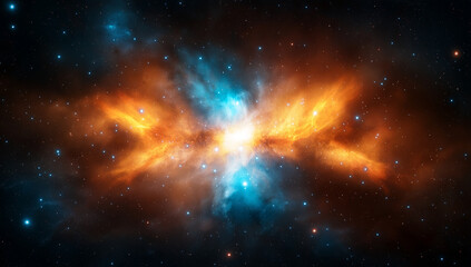 Fototapeta premium stunning nebula explosion in deep space showcases vibrant orange and blue hues, surrounded by countless stars, creating mesmerizing cosmic scene