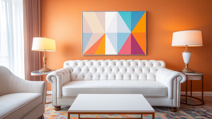 Elegant living room featuring white tufted sofa, colorful artwork, and warm orange walls. space exudes modern and inviting atmosphere, perfect for relaxation