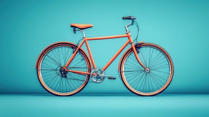 Vibrant orange bicycle, teal backdrop, simple elegance.
