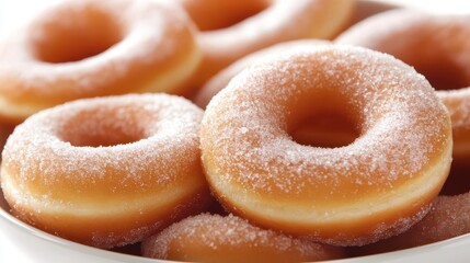 High-quality close-up of a bowl of mini donuts, sugar-dusted, golden-brown, fluffy texture, rich details, white background.