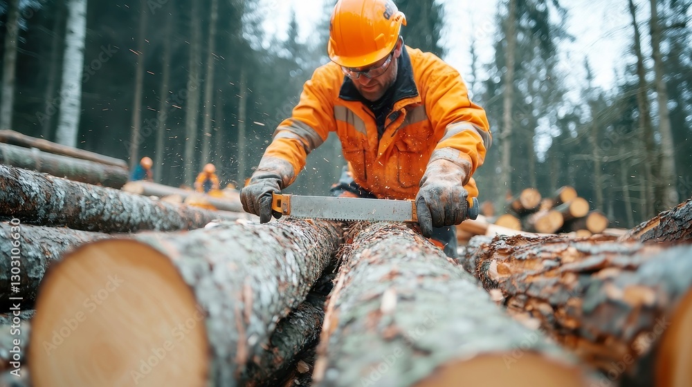 Poster logging worker in dense forest, skilled laborer meticulously felling trees with precision techniques