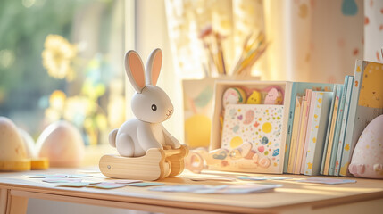 Child with toy rabbit in nursery surrounded by books and decor for childhood play and interior design