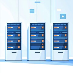 Three White Servers Displaying Data Progress in Bright Room