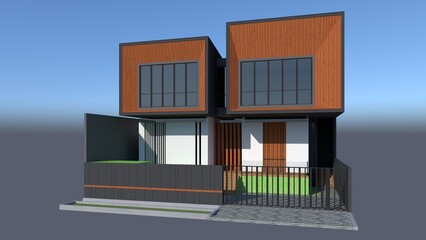 3D render of a modern house exterior. Wood and grey tones, geometric shapes, varied textures. Detailed architectural visualization, residential design, and digital rendering with a blue sky background