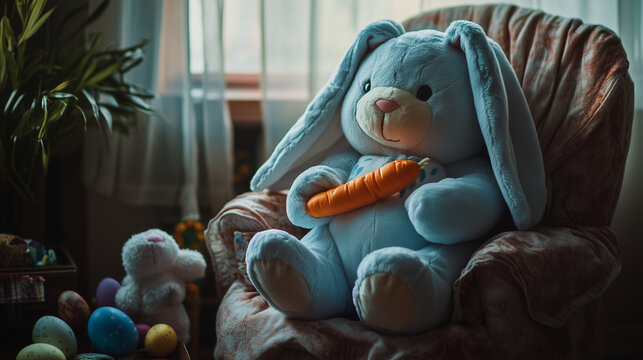 Child playing with stuffed bunny toy on cushion in indoor room by window