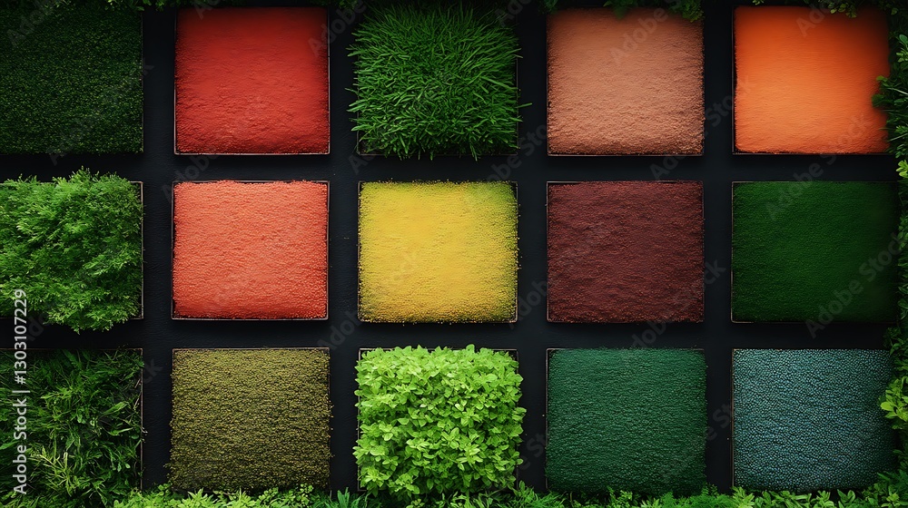 Aufkleber colorful array of textured squares on a dark wall surrounded by greenery