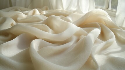 Obraz premium Soft white fabric gently draped across a tabletop near a sunlit window creating a tranquil atmosphere