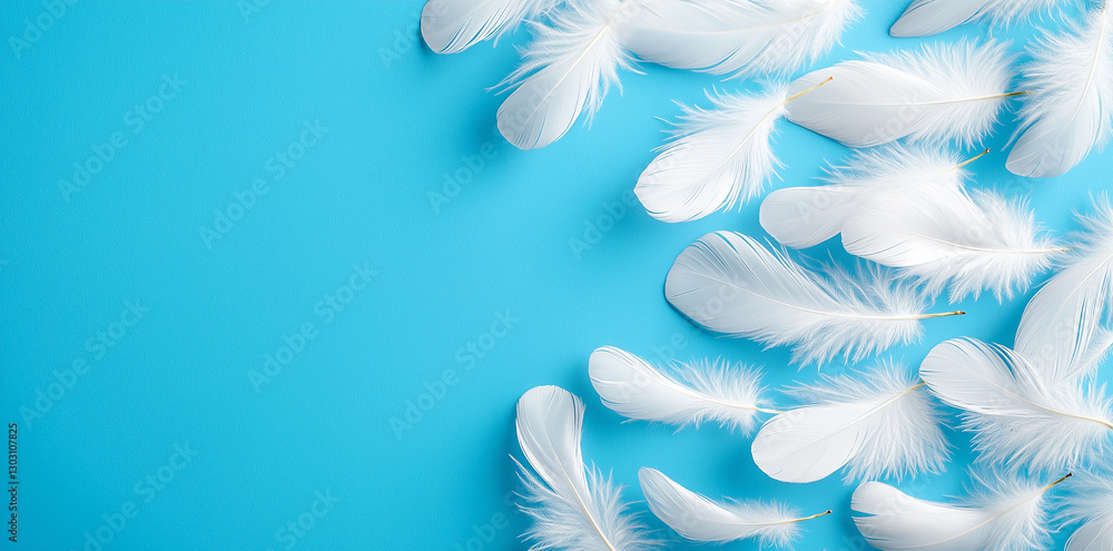 Poster white feathers scattered on vibrant blue background create serene and calming atmosphere. delicate t