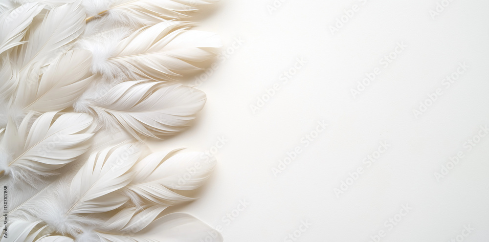 Poster soft white feathers arranged on light background create serene and elegant atmosphere. delicate text