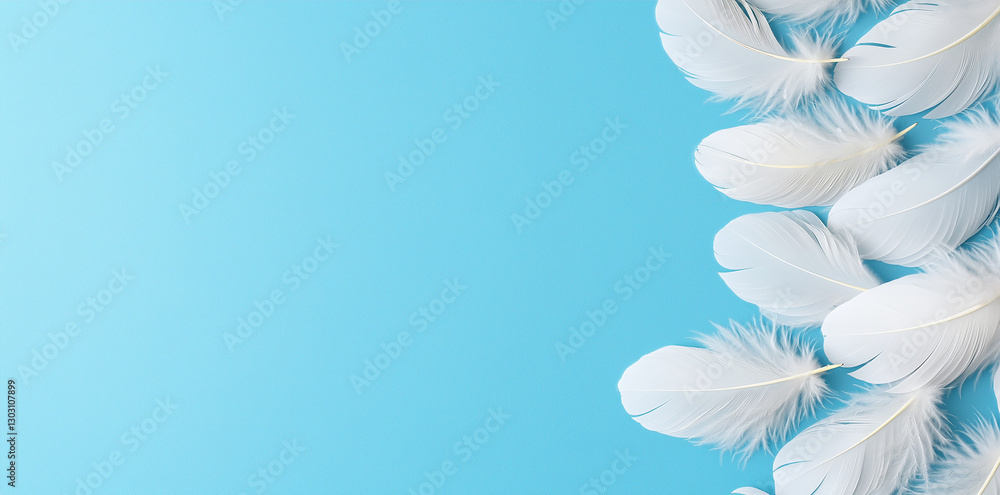 Poster soft white feathers on serene blue background create calming and elegant atmosphere. this abstract d