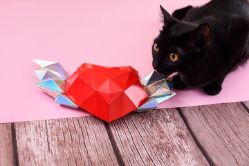 Red polygonal paper heart with wings. A black cat on a pink background. Congratulations on Valentine's Day and March 8. Top view.