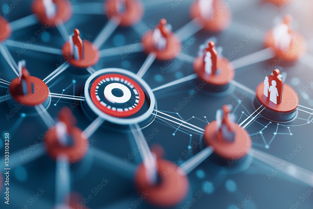 Poster 3d network of interconnected people icons with target symbol at center, representing collaboration a