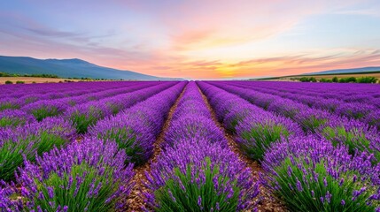 Obraz premium Serene Lavender Field at Sunset, Rows of Purple Flowers Stretch to a Warm Horizon