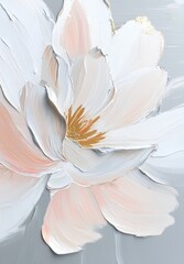Elegant white flower painting with soft colors and golden details on textured canvas