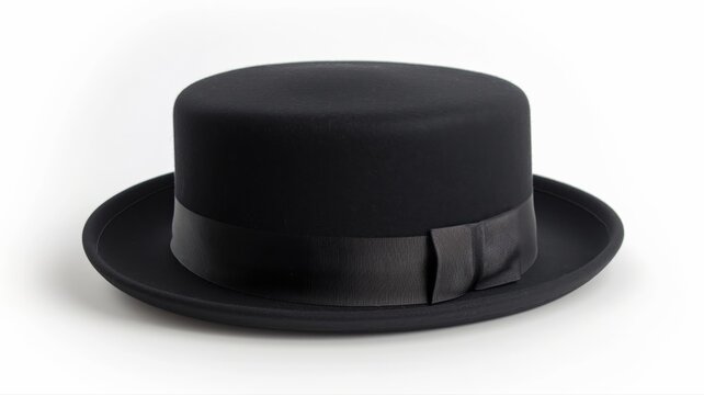 Black porkpie hat on a white background
