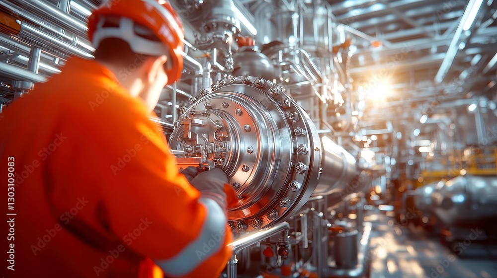 Poster industrial plumber at work, expertly repairing intricate piping systems within a vast facility, show