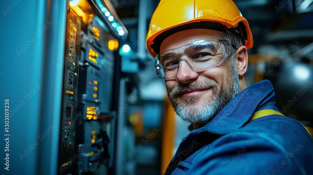 Poster power plant technician overseeing energy operations, managing systems functionality in a large facil