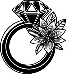 wedding ring illustration and elegant diamond stone wedding flowers silhouette sketch